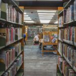 cozy library aisle with studying adults