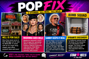 Pop Fix graphic featuring Hell, Michigan for sale, Madonna's new short film, Sammy Hagar discussing ticket sales, and a California dynamite discovery.