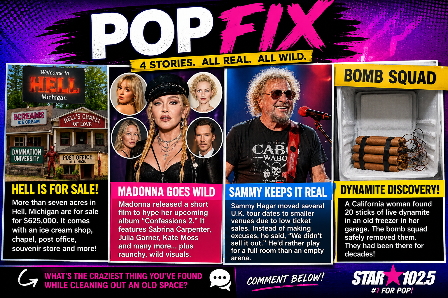 Pop Fix graphic featuring Hell, Michigan for sale, Madonna's new short film, Sammy Hagar discussing ticket sales, and a California dynamite discovery.