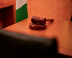 judicial gavel on courtroom desk legal justice