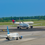 commercial airplanes at new york airport runway